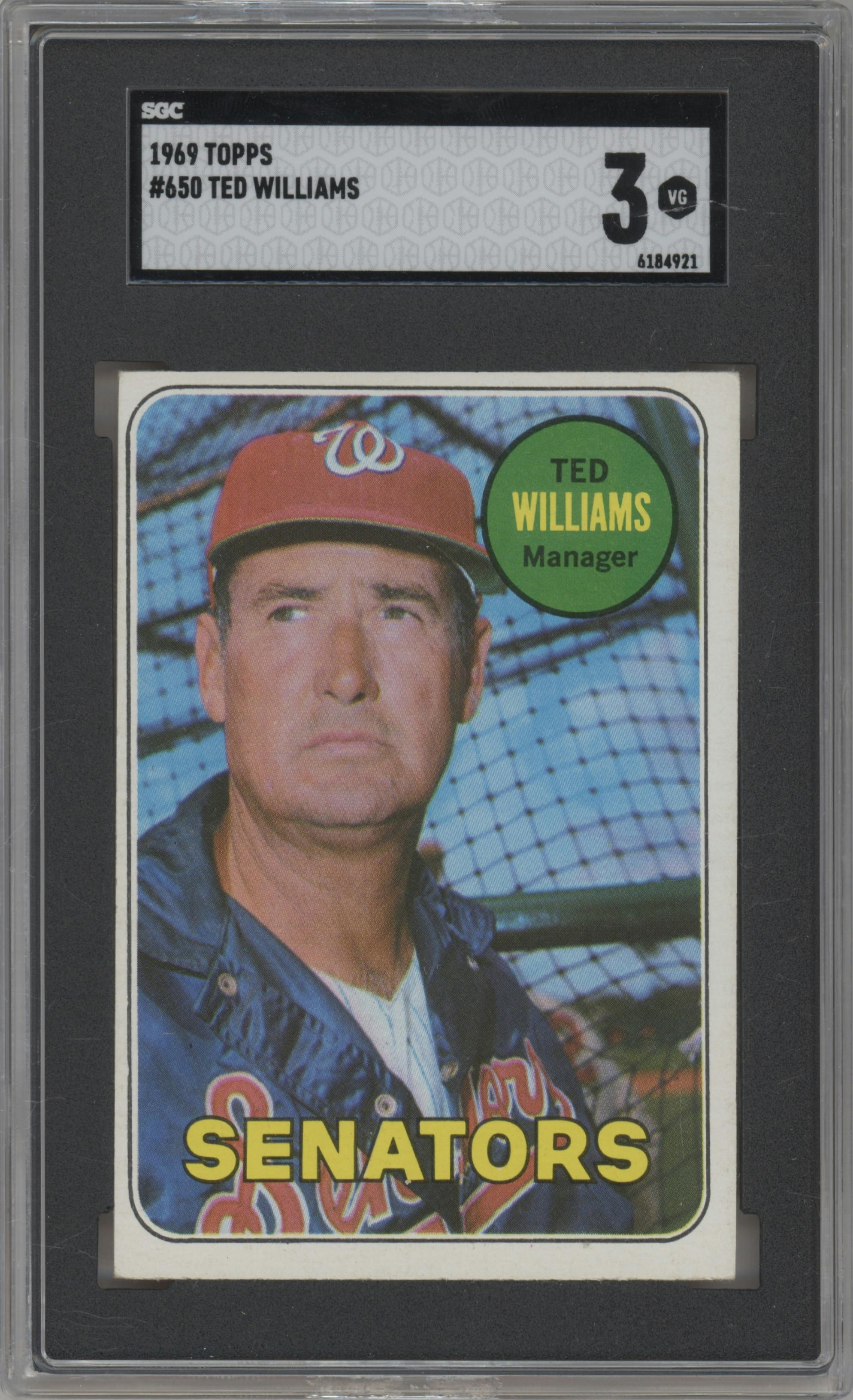 Ted Williams from the 1969 Topps set graded by SGC and given an overall grade of 3.