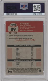 Ted Williams from the 2022 Topps Chrome Platinum Anniversary set featuring a Blue Atomic Refractor parallel graded by PSA and given an overall grade of 10.
