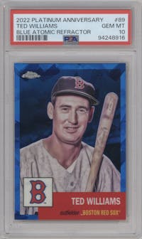 Ted Williams from the 2022 Topps Chrome Platinum Anniversary set featuring a Blue Atomic Refractor parallel graded by PSA and given an overall grade of 10.