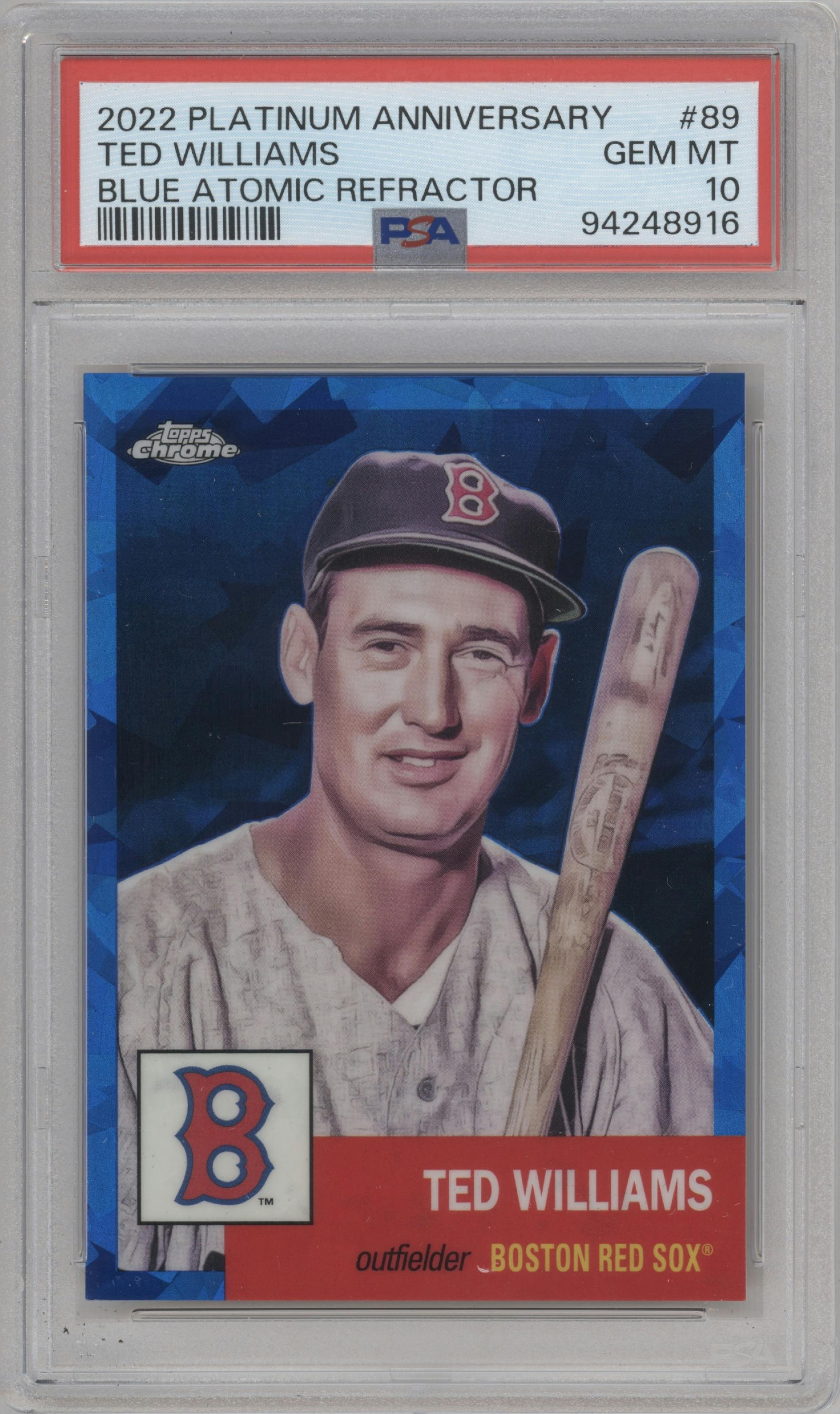 Ted Williams from the 2022 Topps Chrome Platinum Anniversary set featuring a Blue Atomic Refractor parallel graded by PSA and given an overall grade of 10.