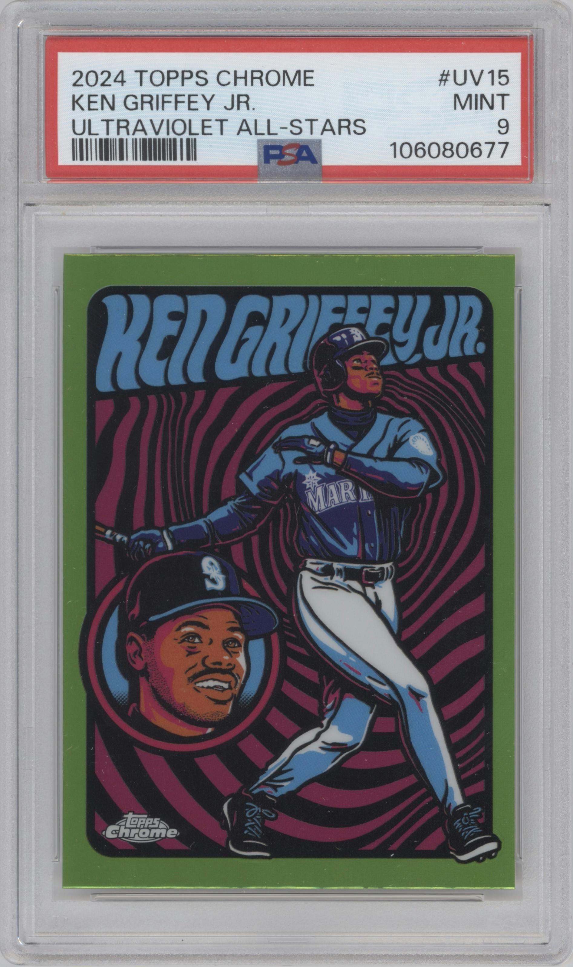 Ken Griffey Jr. from the 2024 Topps Chrome set graded by PSA and given an overall grade of 9.