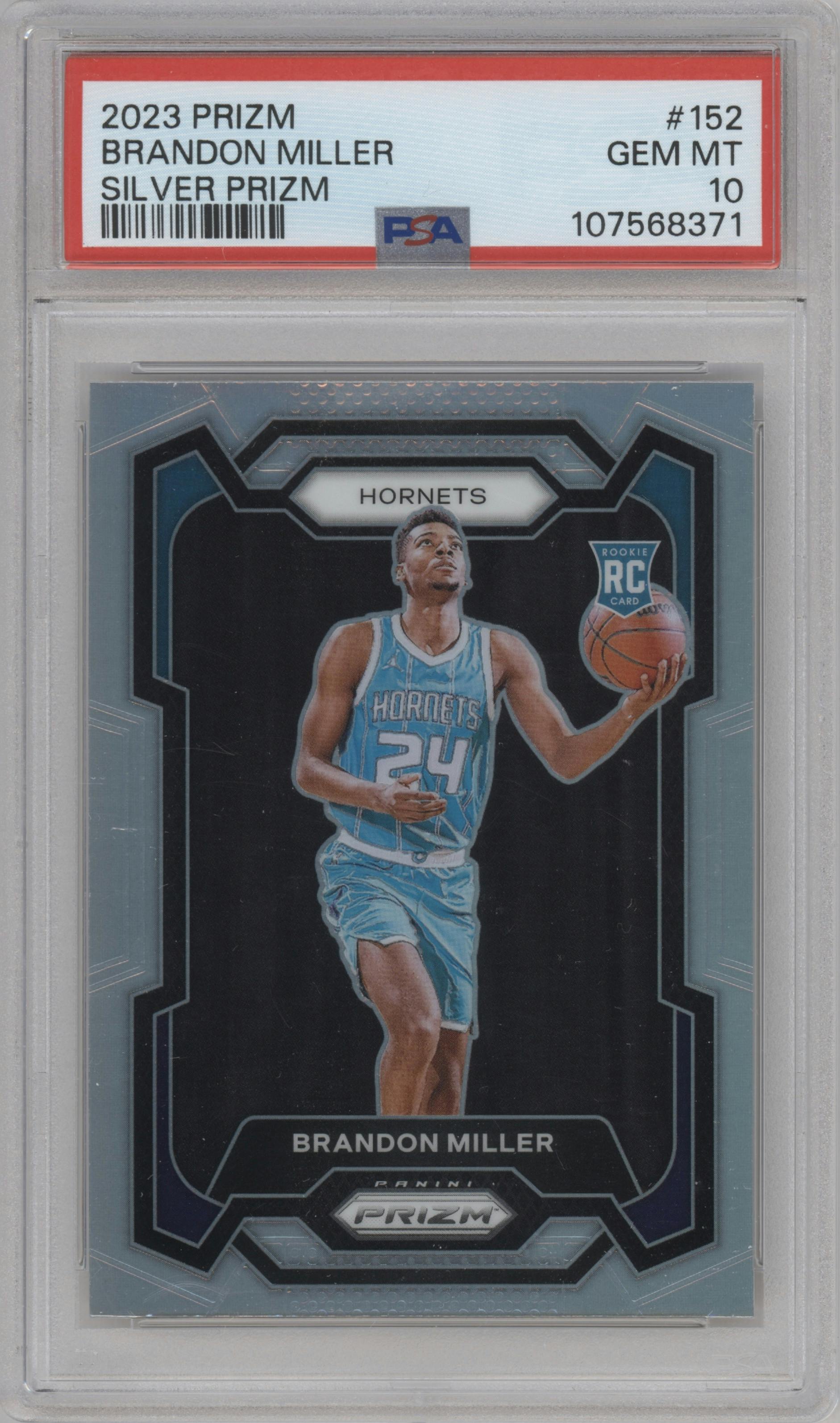 Brandon Miller from the 2023-24 Panini Prizm set featuring a Silver Prizm  parallel graded by PSA and given an overall grade of 10.