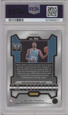 Brandon Miller from the 2023-24 Panini Prizm set featuring a Silver Prizm  parallel graded by PSA and given an overall grade of 10.