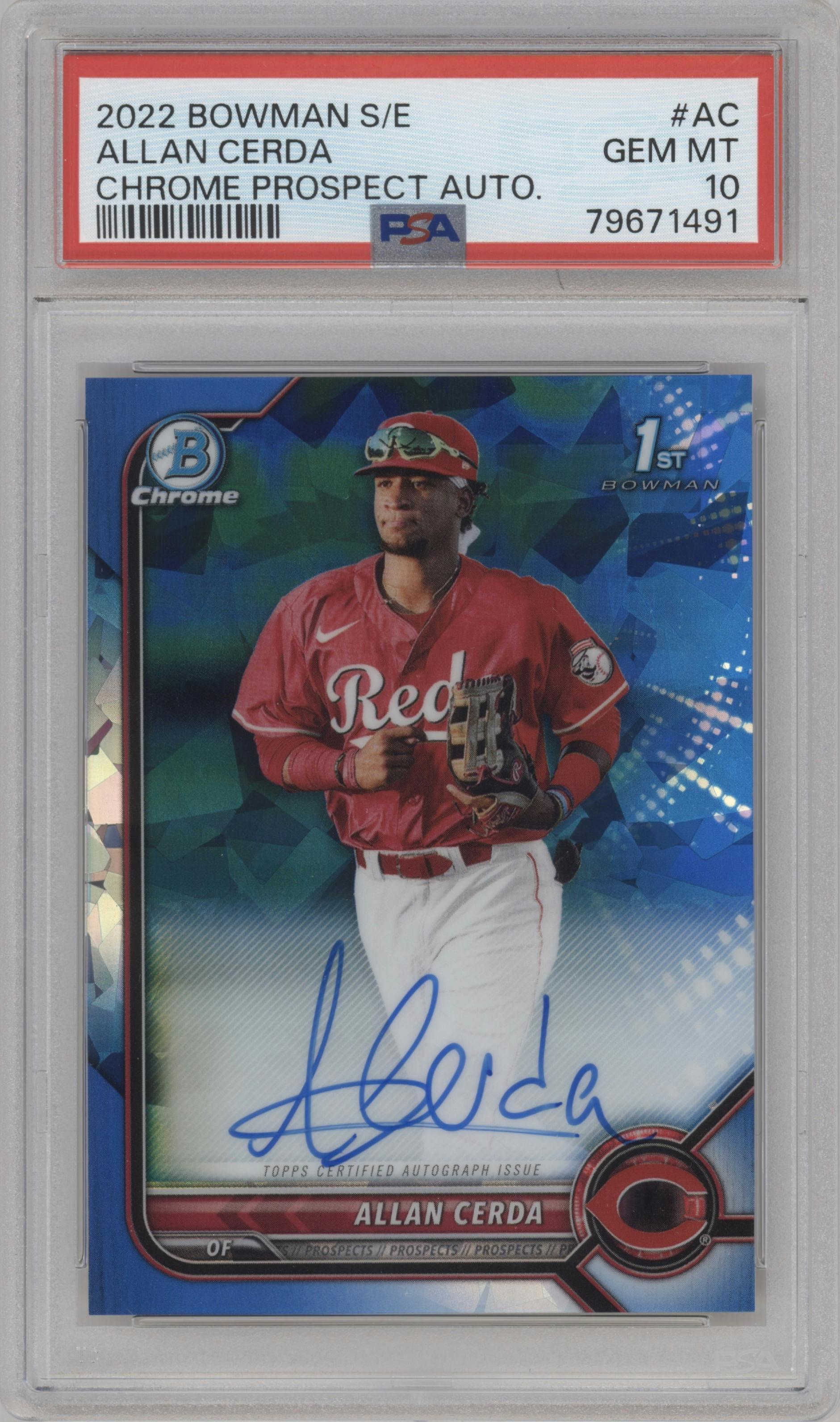 Allan Cerda from the 2022 Bowman Sapphire Edition set graded by PSA and given an overall grade of 10.