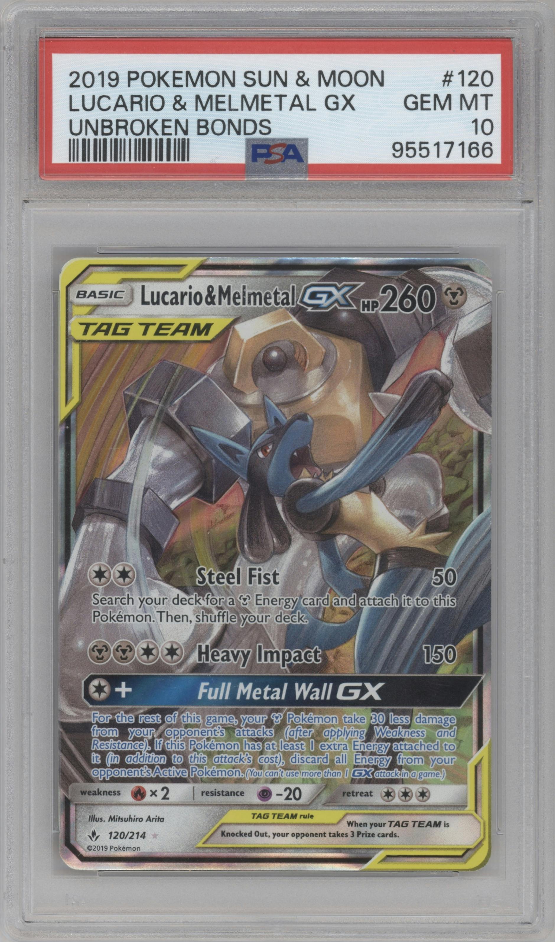 Lucario/Melmetal GX from the 2019 Pokemon S&M  set graded by PSA and given an overall grade of 10.