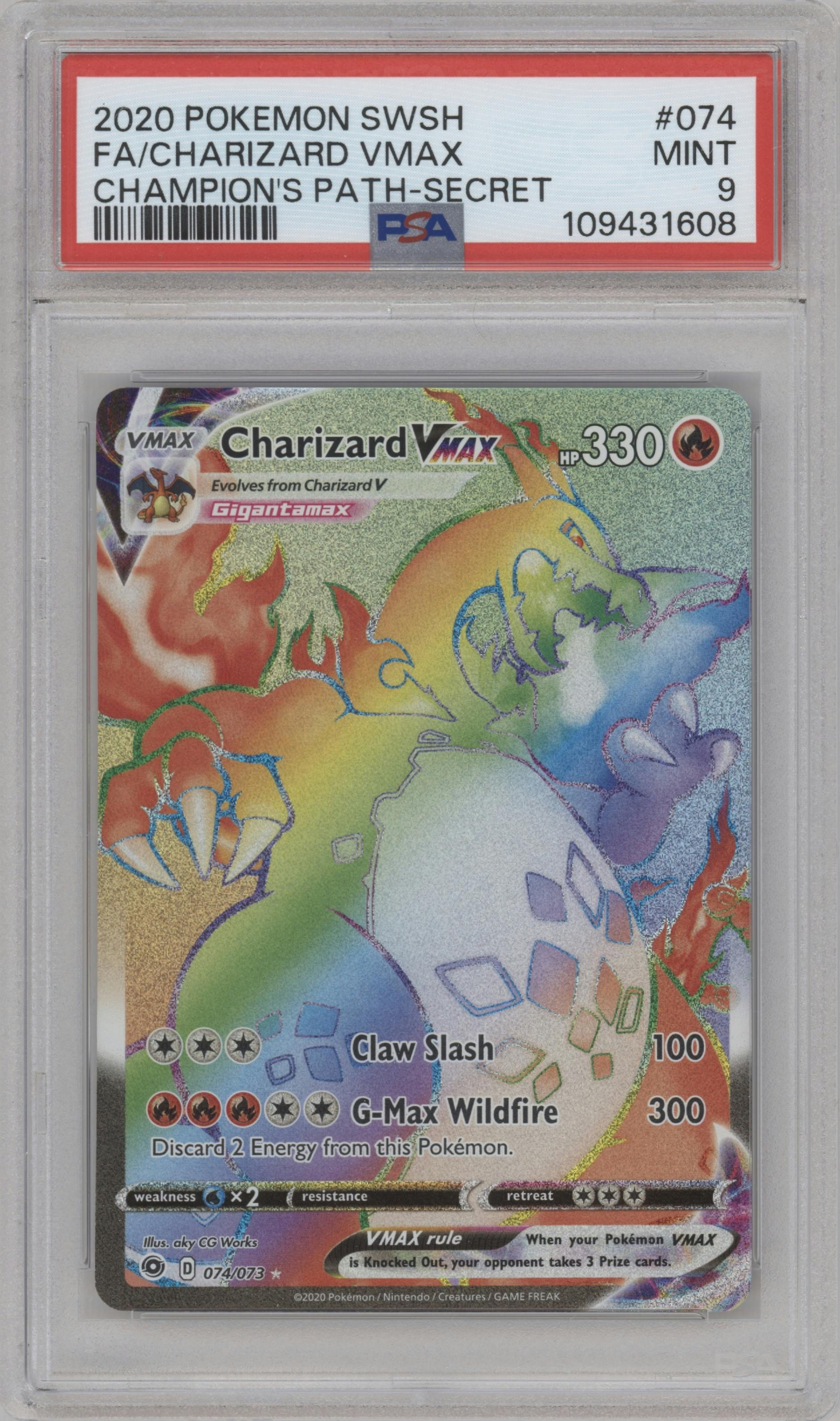 Charizard VMAX from the 2020 Pokemon SWSH set graded by PSA and given an overall grade of 9.