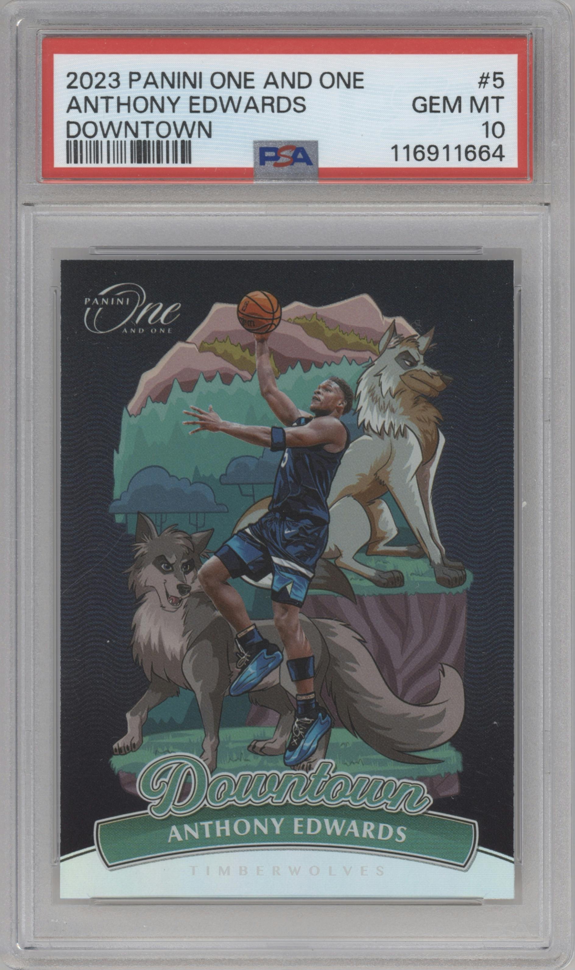 Anthony Edwards from the 2023-24 Panini One and One set graded by PSA and given an overall grade of 10.