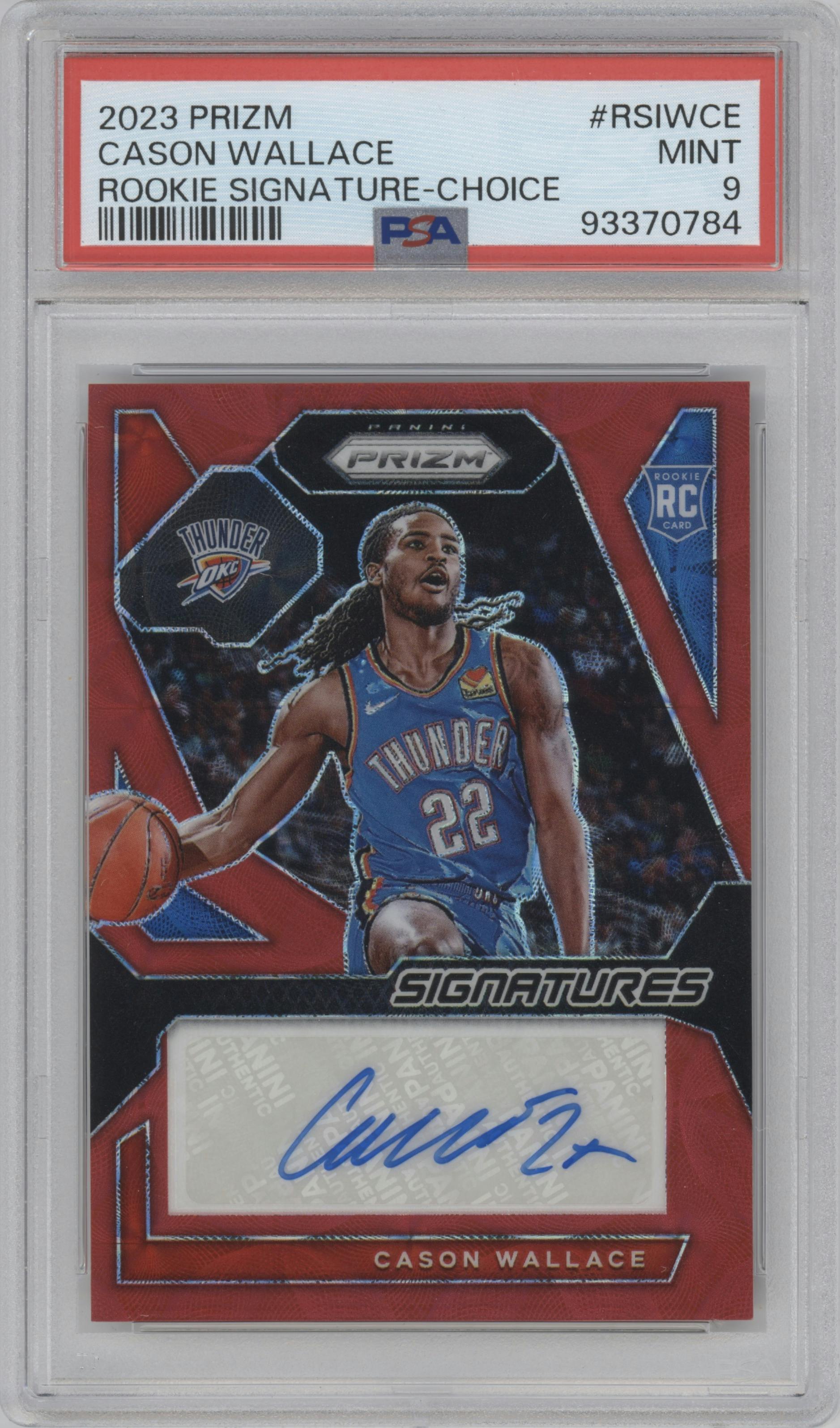 Cason Wallace from the 2023-24 Panini Prizm set featuring a Choice parallel graded by PSA and given an overall grade of 9.