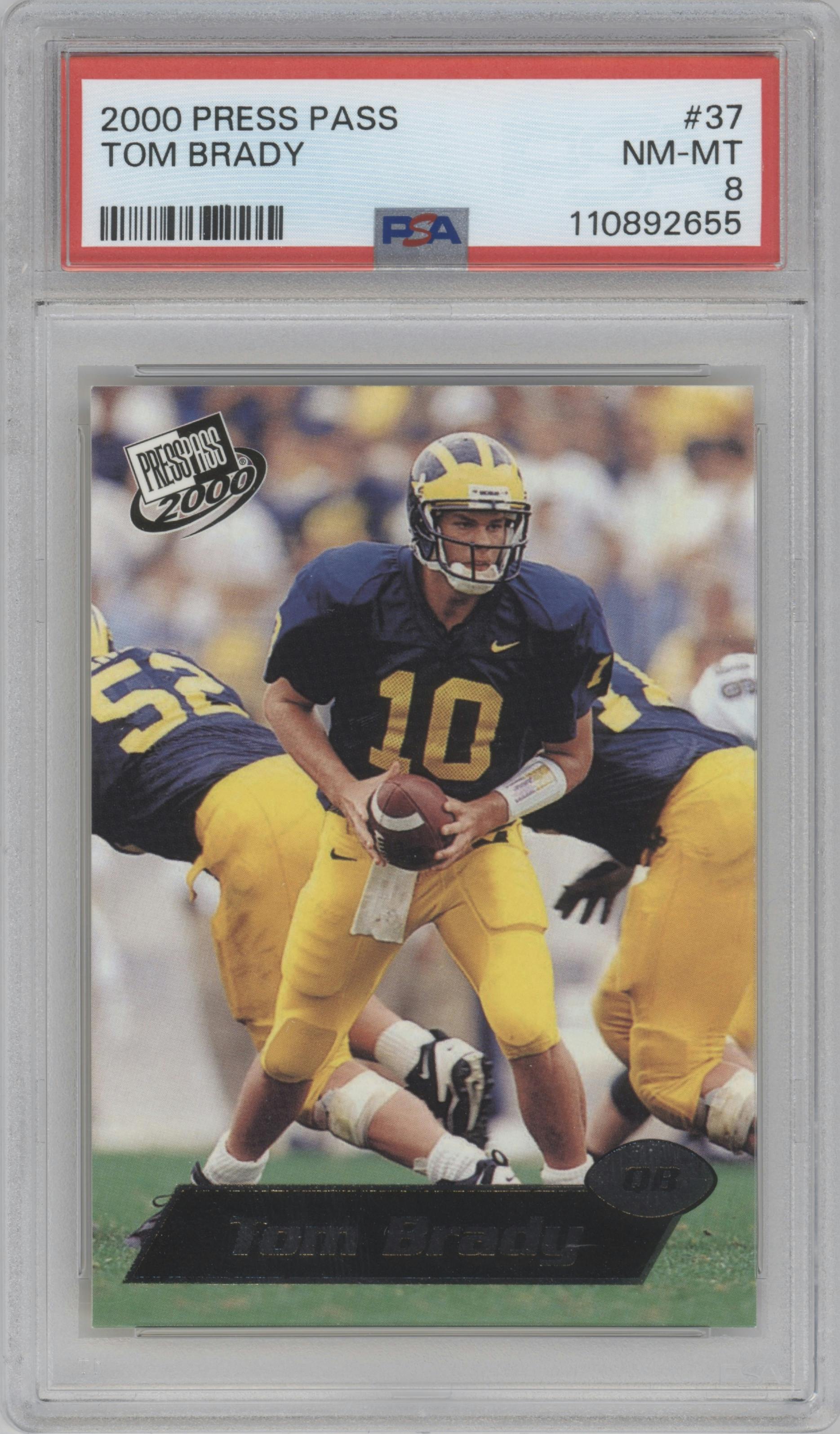 Tom Brady from the 2000 Press Pass set graded by PSA and given an overall grade of 8.