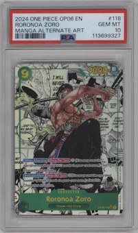 Roronoa Zoro from the 2024 One Piece set featuring a Manga parallel graded by PSA and given an overall grade of 10.