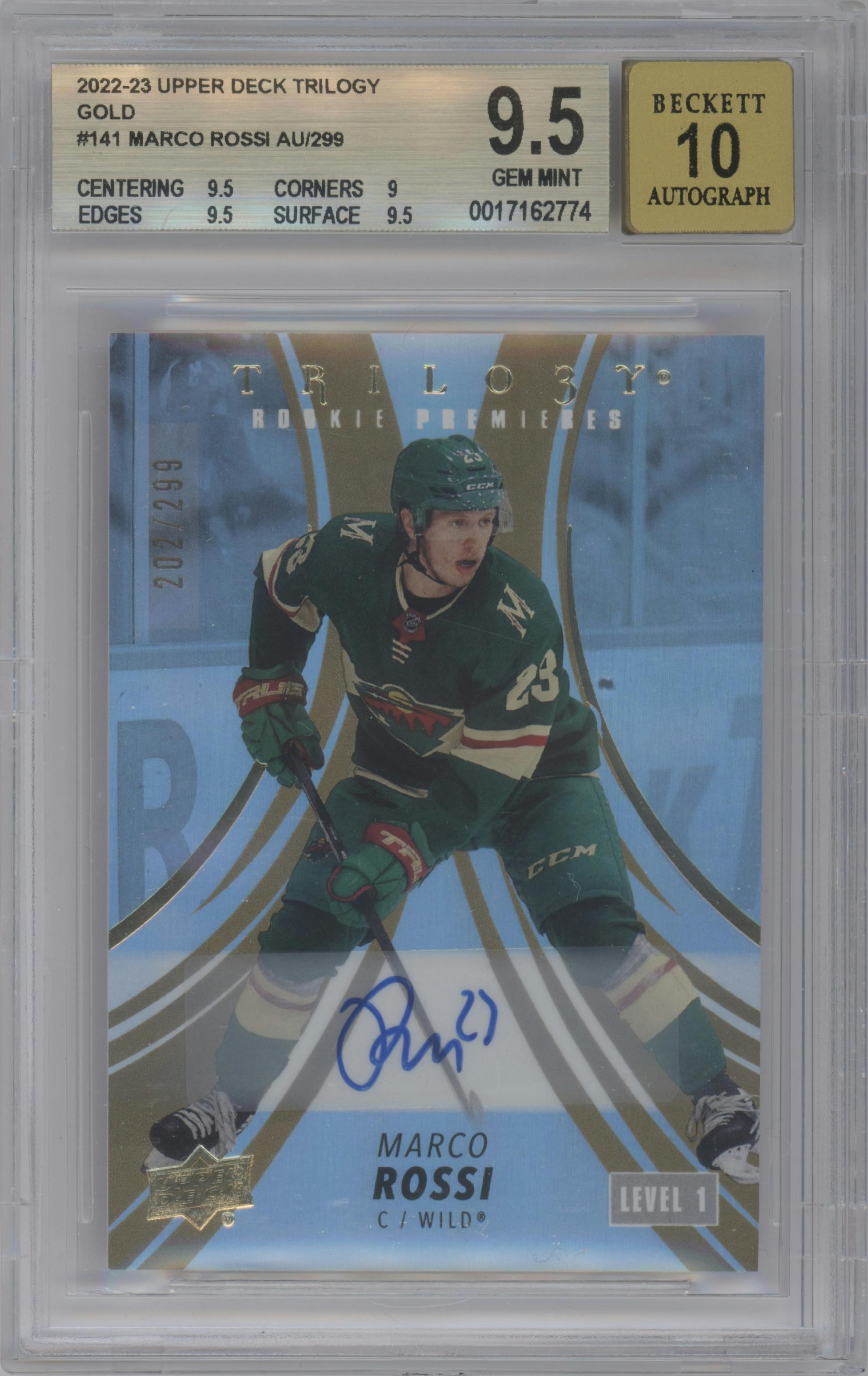 Marco Rossi  from the 2022-23 Upper Deck Trilogy set featuring a Gold parallel graded by Beckett and given an overall grade of 9.5.