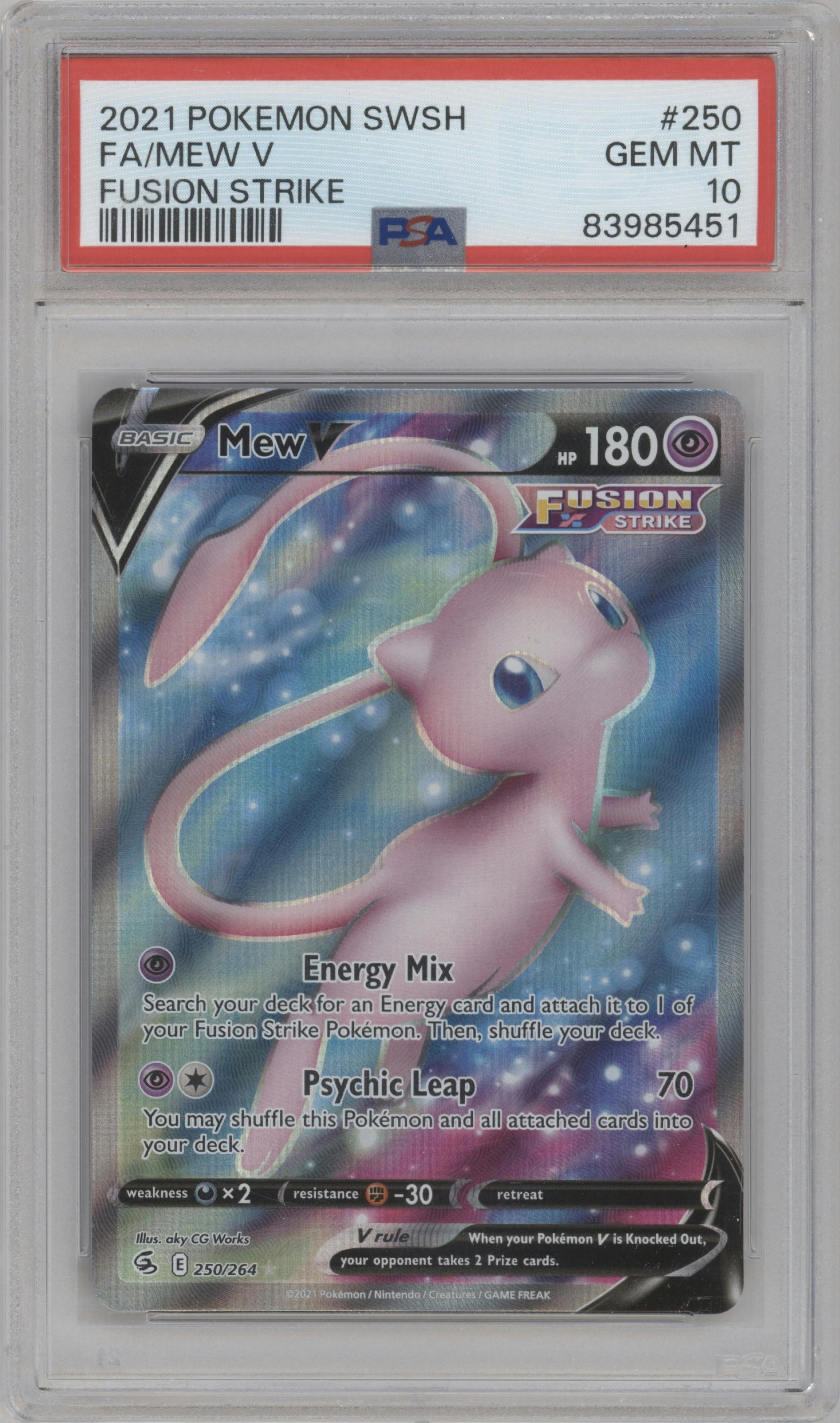 Mew V from the 2021 Pokemon SWSH set graded by PSA and given an overall grade of 10.