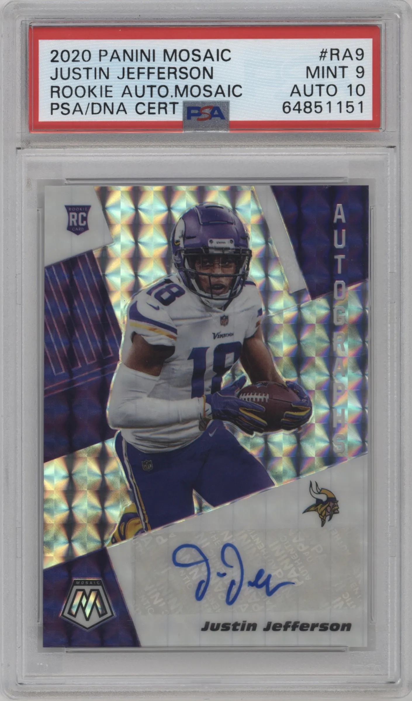 2020 Panini Mosaic Rke.Auto Justin Jefferson #RA9 PSA 9
