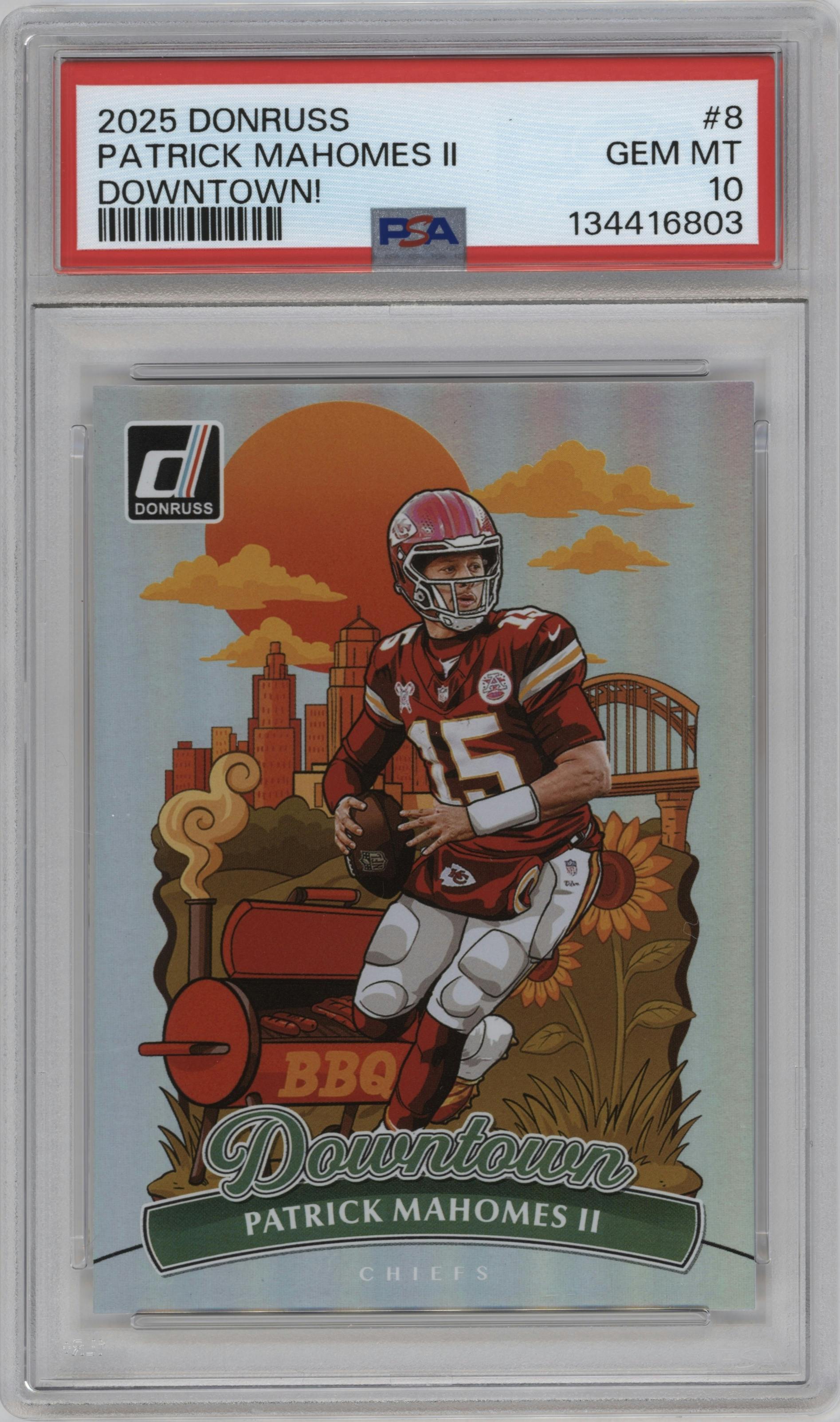 Patrick Mahomes II from the 2025 Panini Donruss set graded by PSA and given an overall grade of 10.