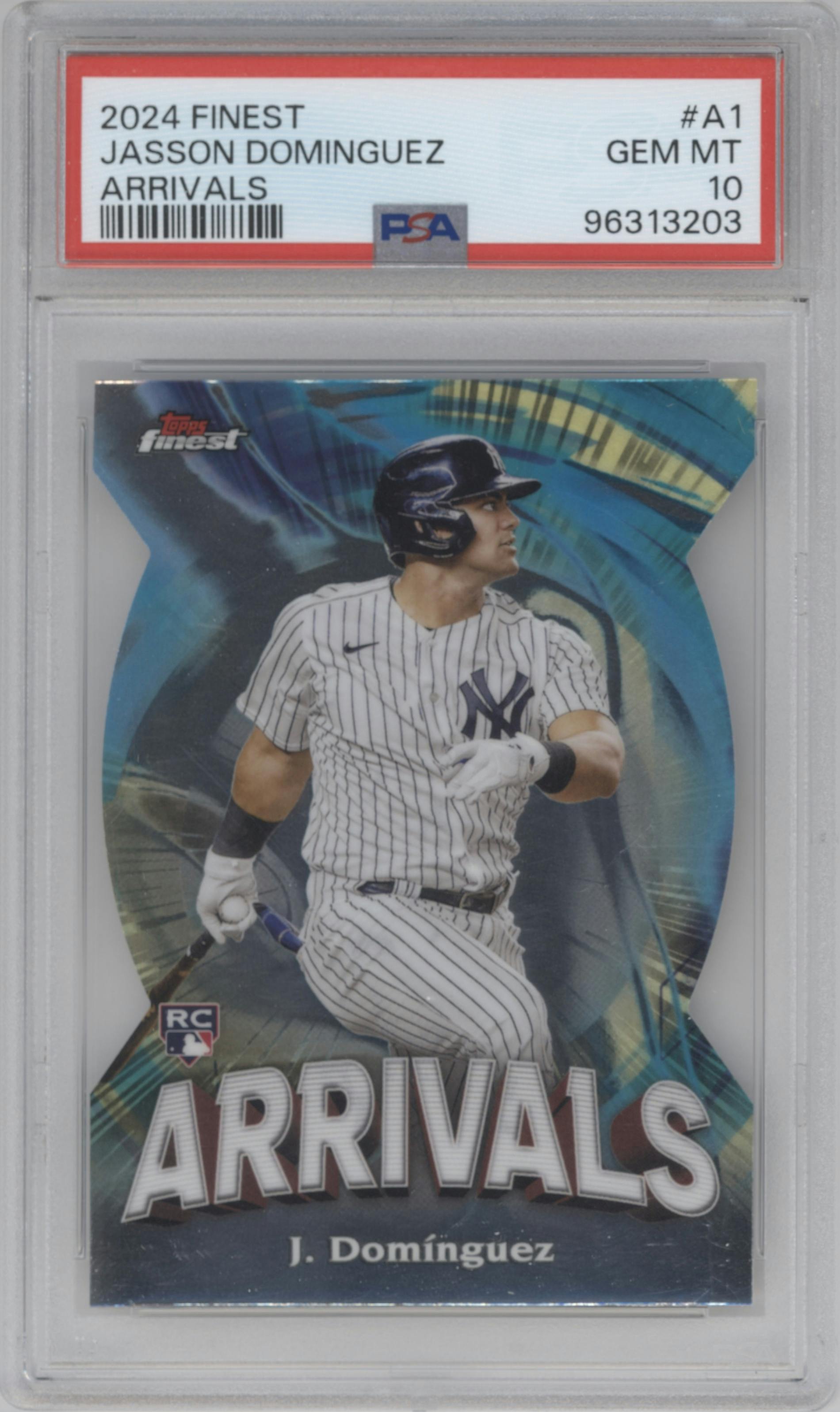 Jasson Dominguez	 from the 2024 Topps Finest set graded by PSA and given an overall grade of 10.