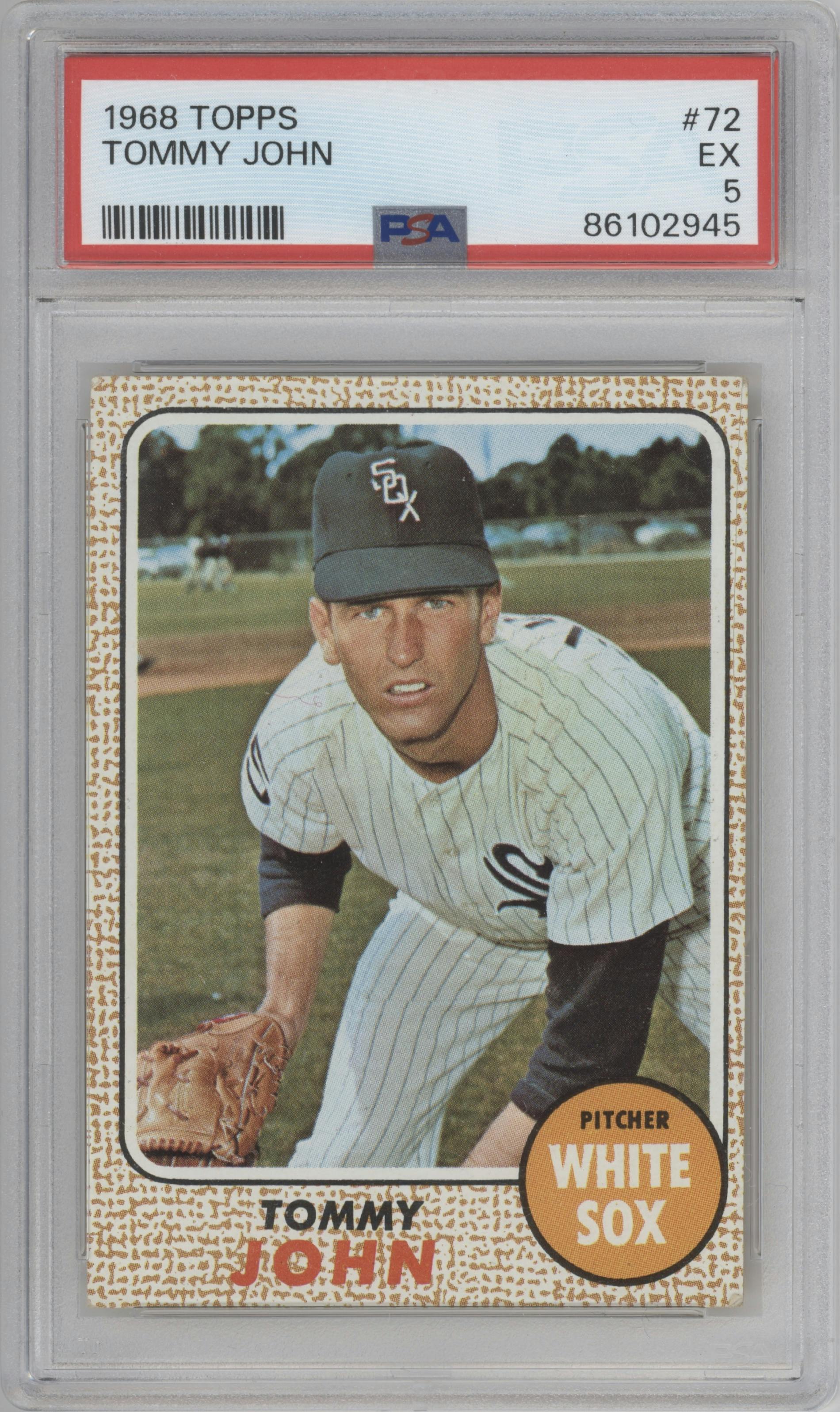 Tommy John from the 1968 Topps set graded by PSA and given an overall grade of 5.