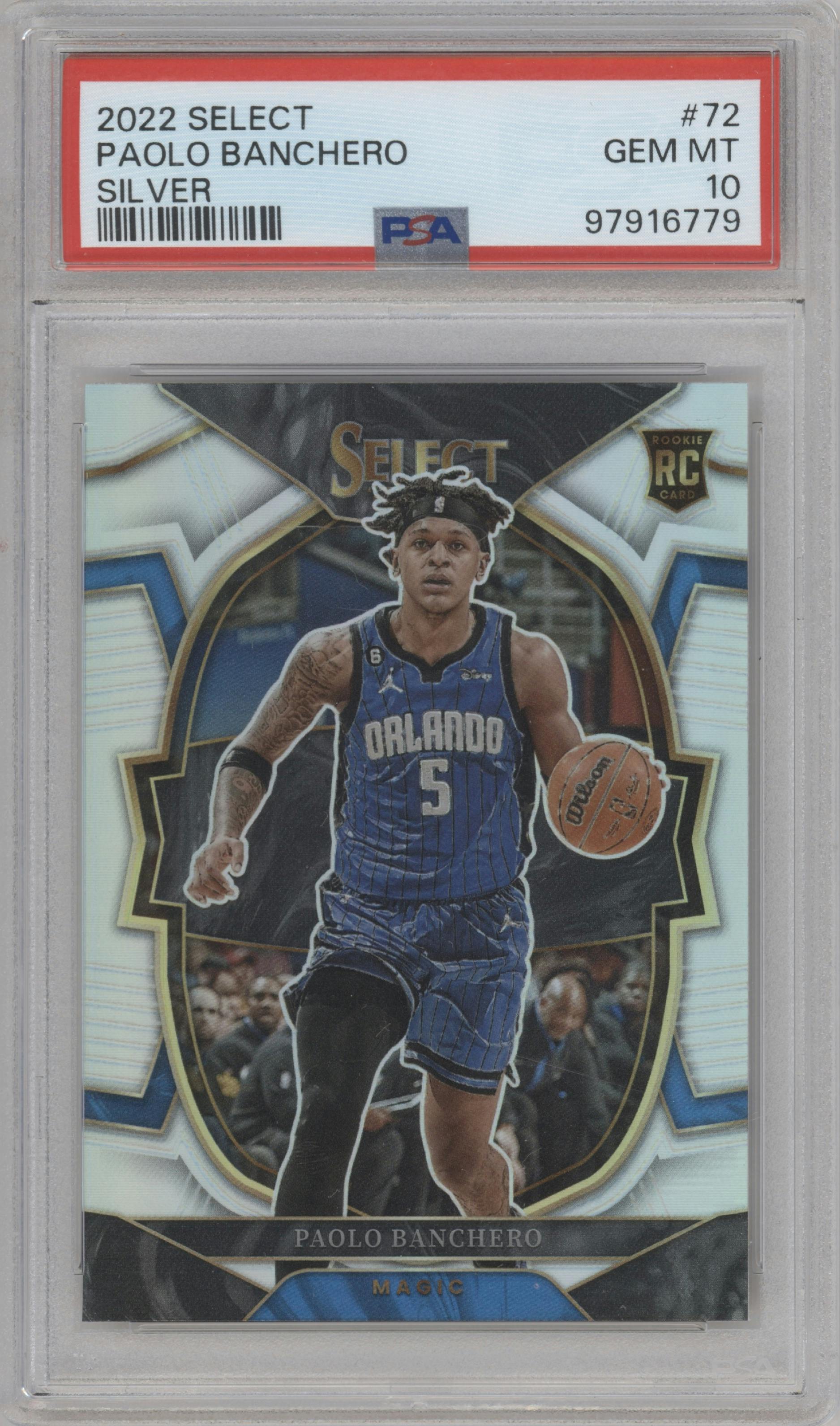 Paolo Banchero from the 2022-23 Panini Select set featuring a Silver Prizm parallel graded by PSA and given an overall grade of 10.