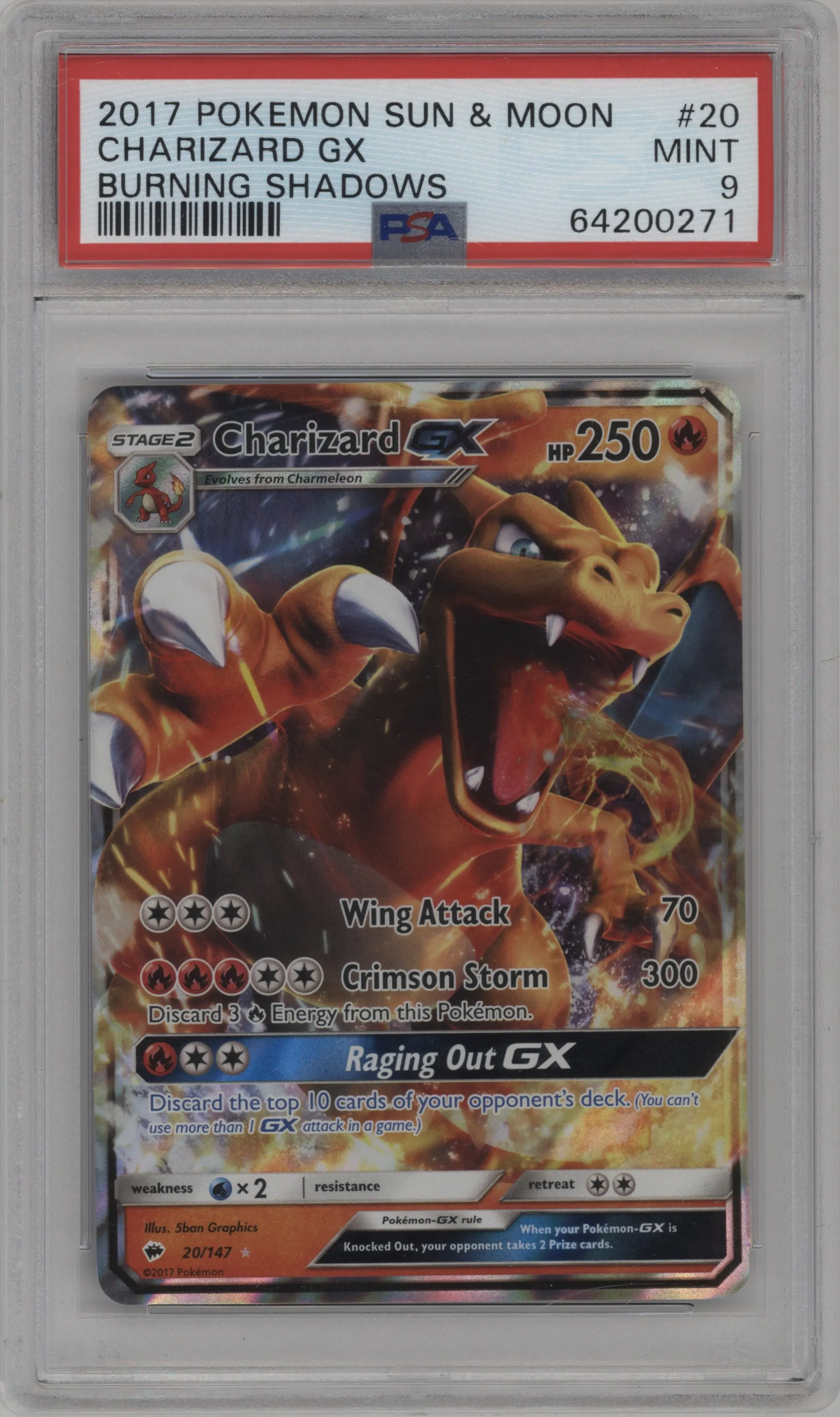 2017 Pokemon S&M Burning Shadows Charizard GX #20 PSA 9
