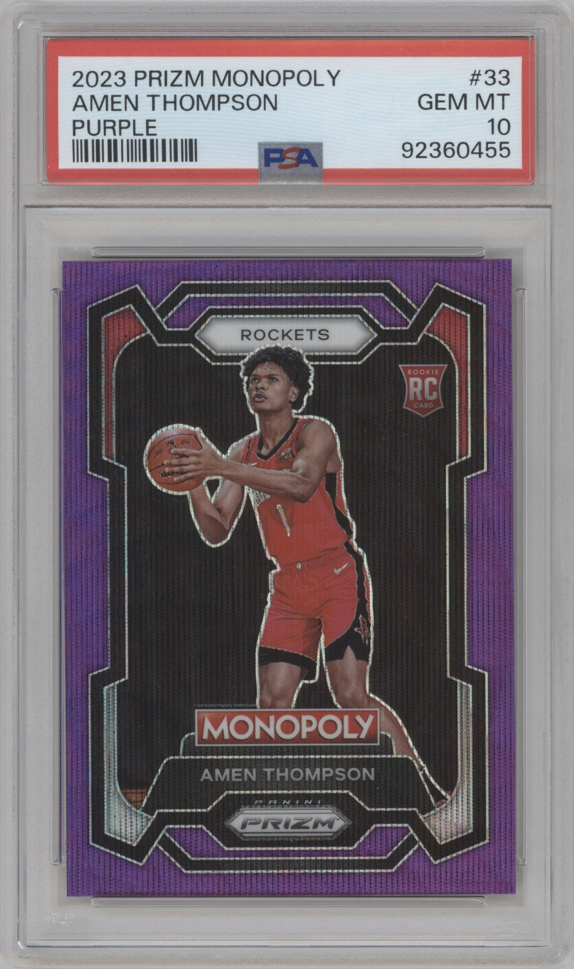 Amen Thompson  from the 2023-24 Panini Prizm Monopoly set featuring a Purple  parallel graded by PSA and given an overall grade of 10.