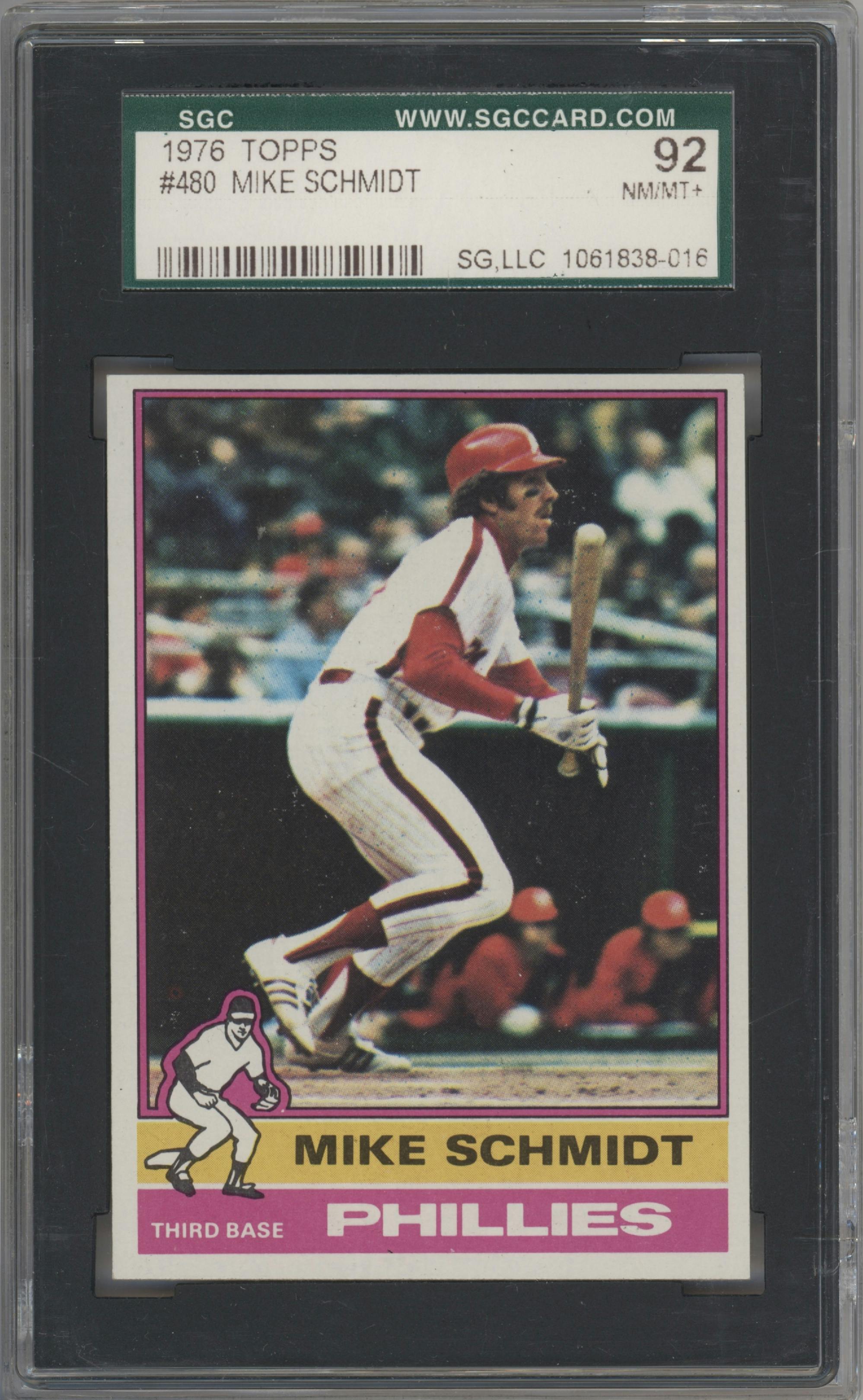 Mike Schmidt from the 1976 Topps set graded by SGC and given an overall grade of 8.5.