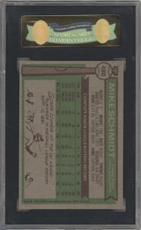 Mike Schmidt from the 1976 Topps set graded by SGC and given an overall grade of 8.5.