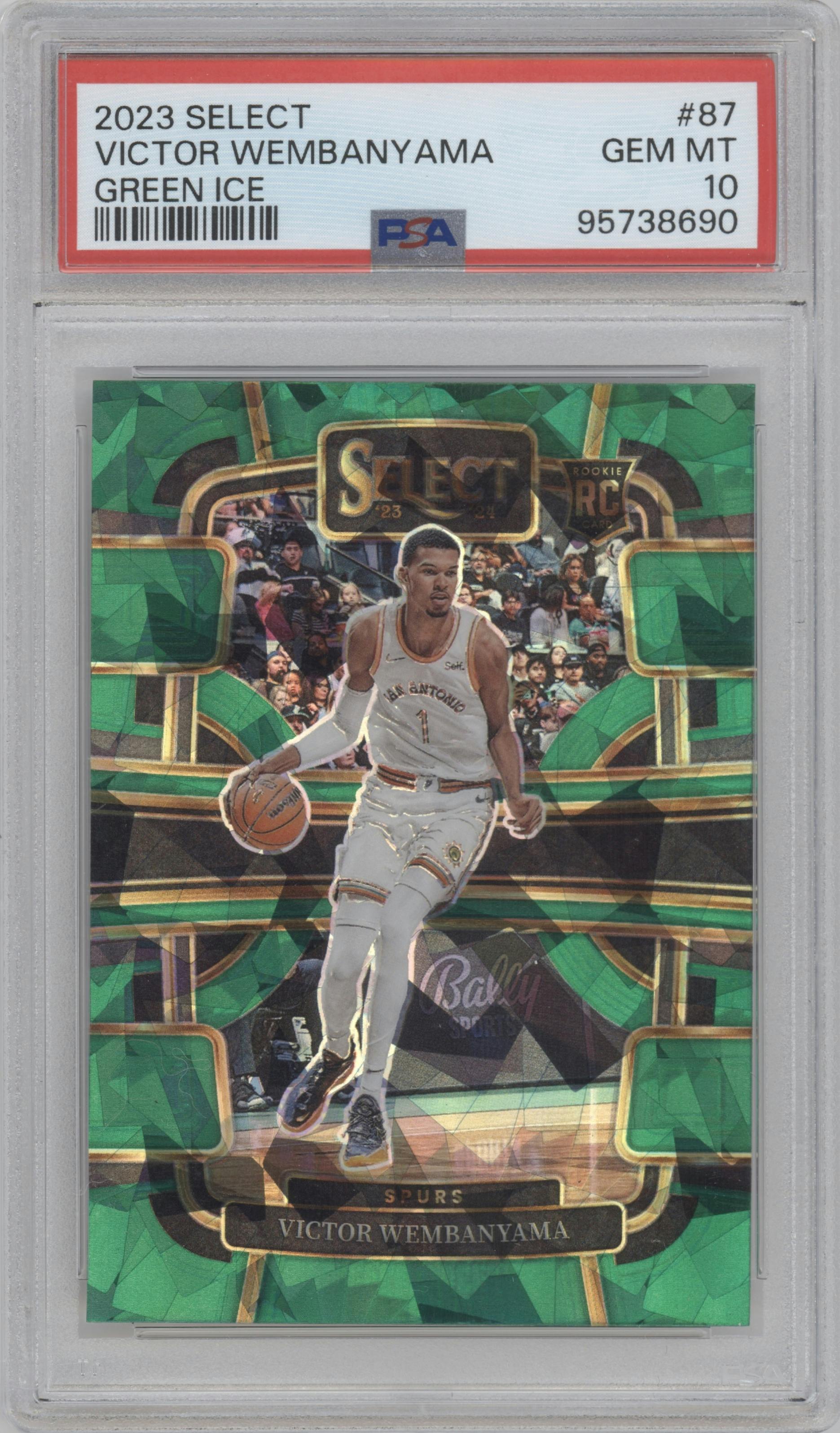 Victor Wembanyama from the 2023-24 Panini Select  set featuring a Green Ice parallel graded by PSA and given an overall grade of 10.