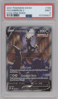 Umbreon V from the 2021 Pokemon SWSH set graded by PSA and given an overall grade of 9.
