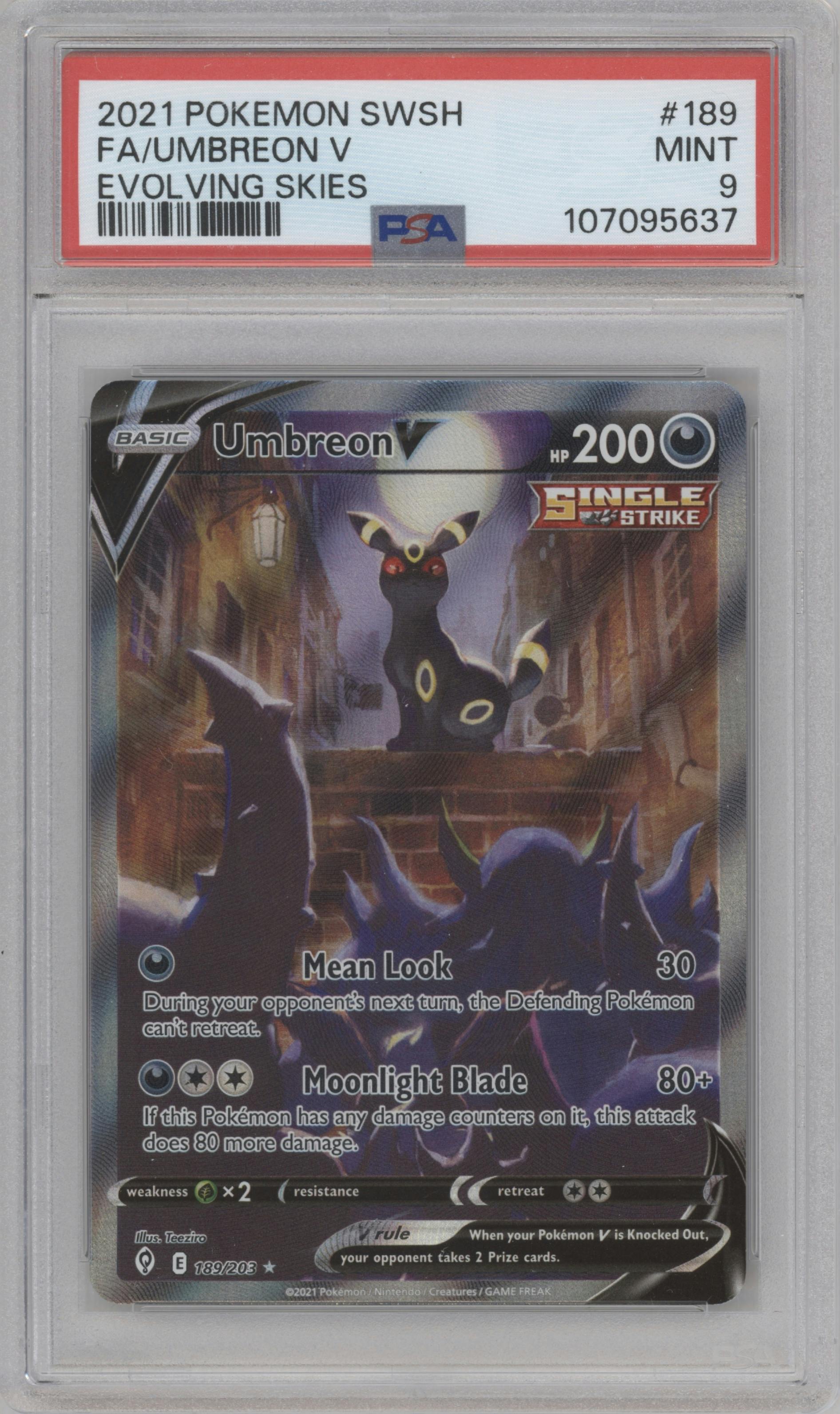 Umbreon V from the 2021 Pokemon SWSH set graded by PSA and given an overall grade of 9.