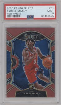 Tyrese Maxey from the 2020-21 Panini Select  set featuring a Red Prizm parallel graded by PSA and given an overall grade of 9.