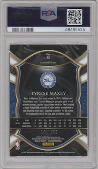 Tyrese Maxey from the 2020-21 Panini Select  set featuring a Red Prizm parallel graded by PSA and given an overall grade of 9.