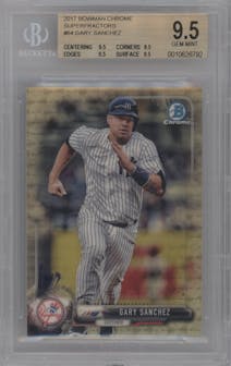 Gary Sanchez from the 2017 Bowman Chrome set featuring a SuperFractor parallel graded by Beckett and given an overall grade of 9.5.