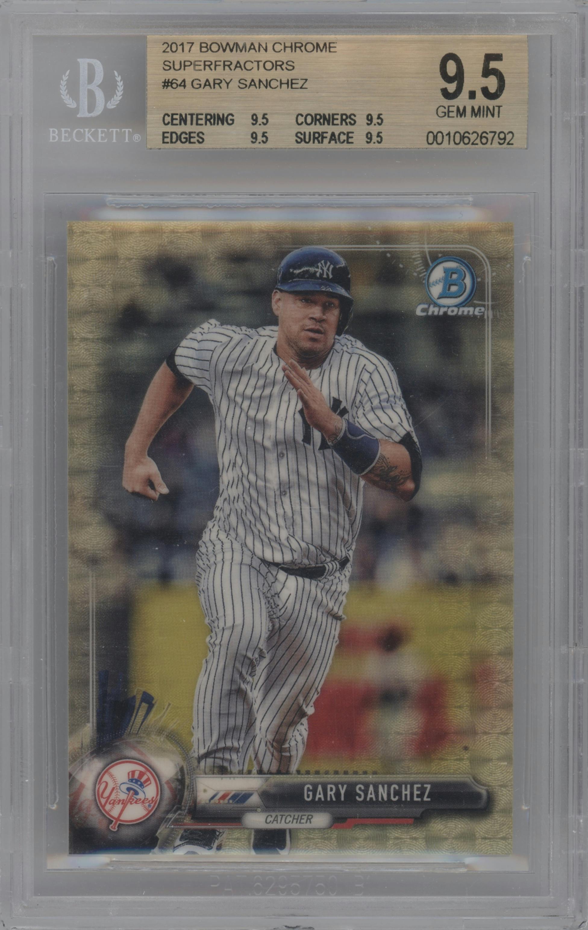 Gary Sanchez from the 2017 Bowman Chrome set featuring a SuperFractor parallel graded by Beckett and given an overall grade of 9.5.