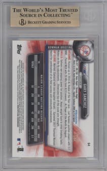 Gary Sanchez from the 2017 Bowman Chrome set featuring a SuperFractor parallel graded by Beckett and given an overall grade of 9.5.