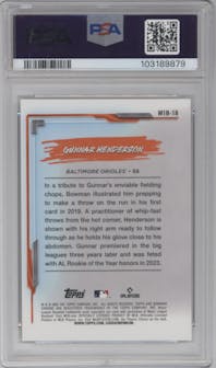 Gunnar Henderson from the 2024 Bowman Chrome set featuring a Mini Diamond Refractor parallel graded by PSA and given an overall grade of 10.