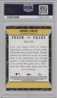 Oneil Cruz from the 2022 Topps Series 2 set featuring a Blue parallel graded by PSA and given an overall grade of 9.