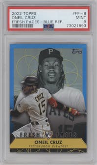 Oneil Cruz from the 2022 Topps Series 2 set featuring a Blue parallel graded by PSA and given an overall grade of 9.