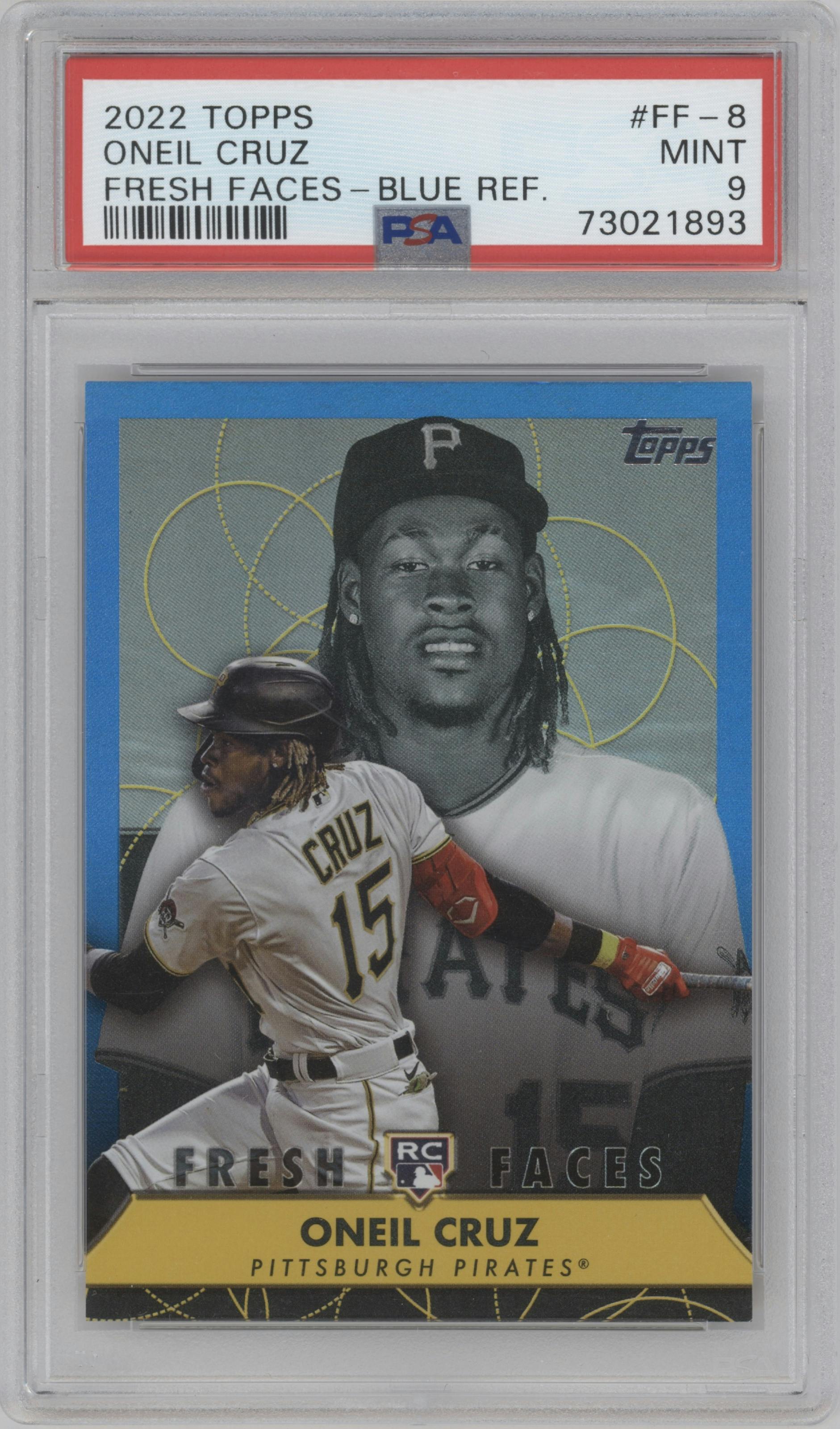 Oneil Cruz from the 2022 Topps Series 2 set featuring a Blue parallel graded by PSA and given an overall grade of 9.