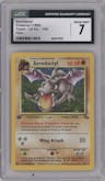 Aerodactyl from the 1999 Pokemon set graded by CSG and given an overall grade of 7.