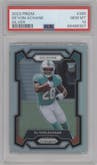 De'Von Achane from the 2023 Panini Prizm set featuring a Silver Prizm parallel graded by PSA and given an overall grade of 10.
