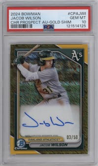 Jacob Wilson from the 2024 Bowman set featuring a Gold Shimmer Refractor parallel graded by PSA and given an overall grade of 10.