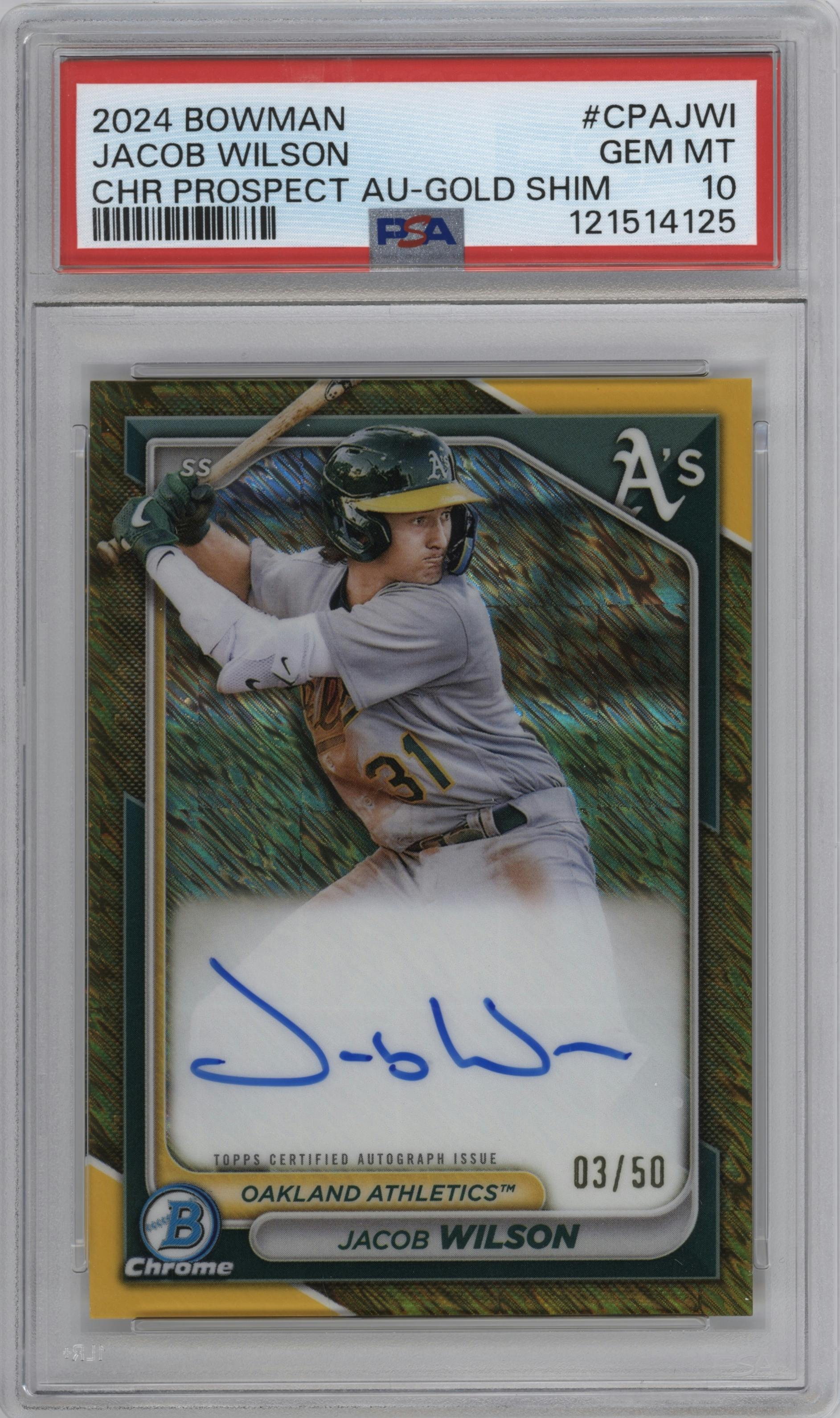 Jacob Wilson from the 2024 Bowman set featuring a Gold Shimmer Refractor parallel graded by PSA and given an overall grade of 10.