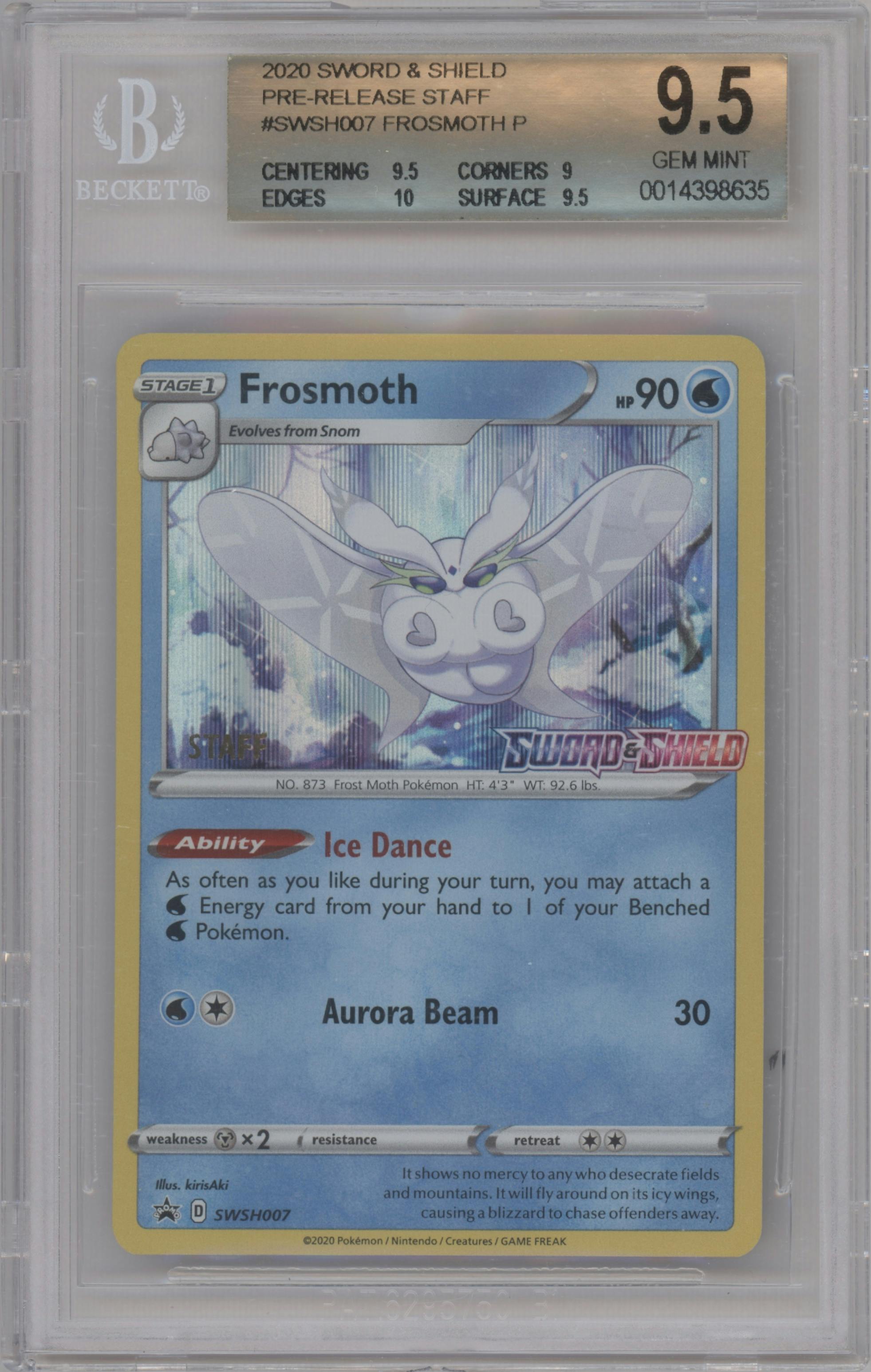 Frosmoth from the 2020 Pokemon SWSH set featuring a Sword & Shield Pre-Release Promo parallel graded by Beckett and given an overall grade of 9.5.