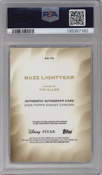 Tim Allen from the 2025 Topps Chrome Sapphire Edition Disney  set featuring a Padparadscha parallel graded by PSA and given an overall grade of 9.