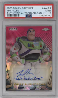Tim Allen from the 2025 Topps Chrome Sapphire Edition Disney  set featuring a Padparadscha parallel graded by PSA and given an overall grade of 9.