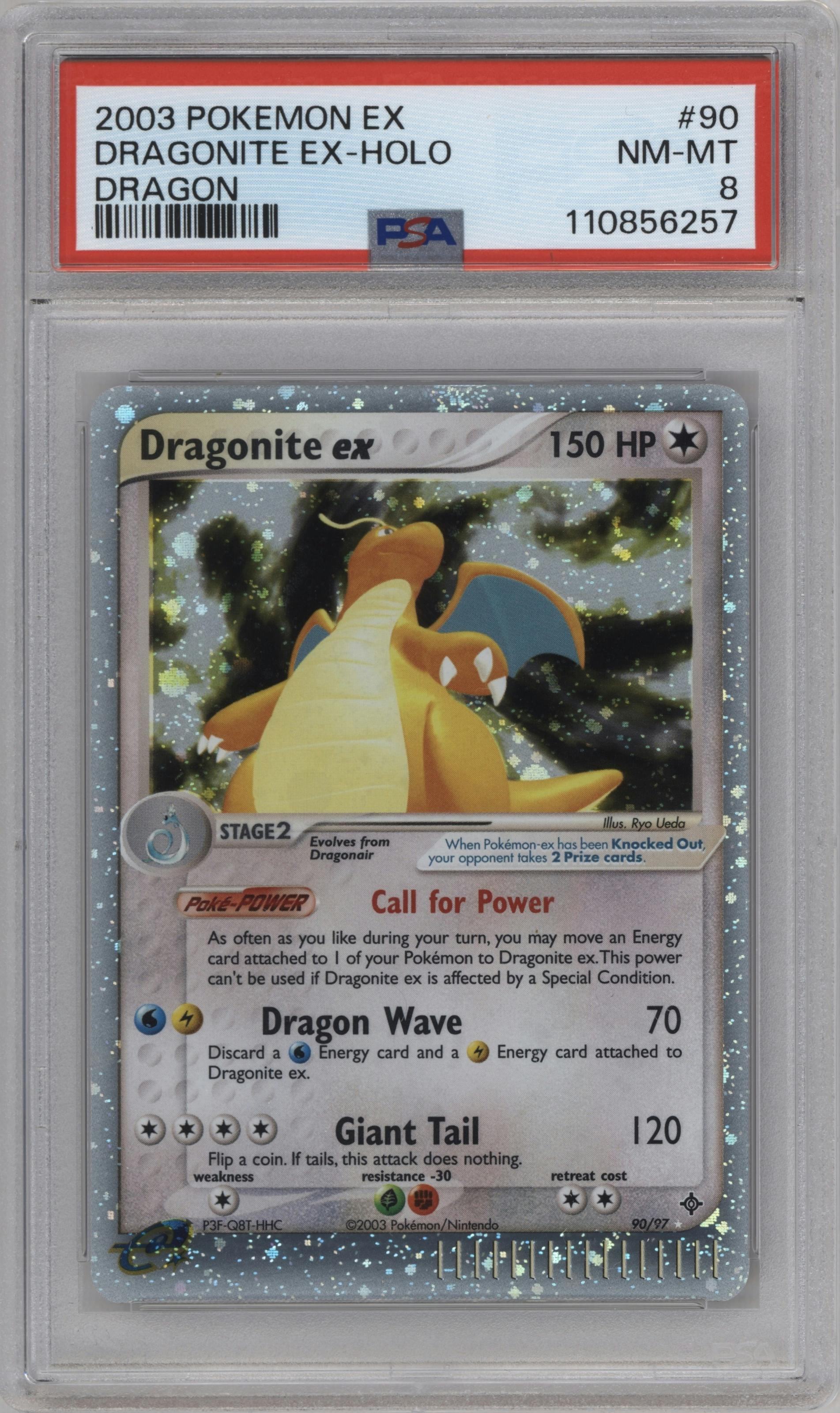 Dragonite EX from the 2003 Pokemon EX set graded by PSA and given an overall grade of 8.