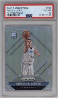 Nikola Jokic from the 2015-16 Panini Prizm set featuring a Silver Prizm parallel graded by PSA and given an overall grade of 10.