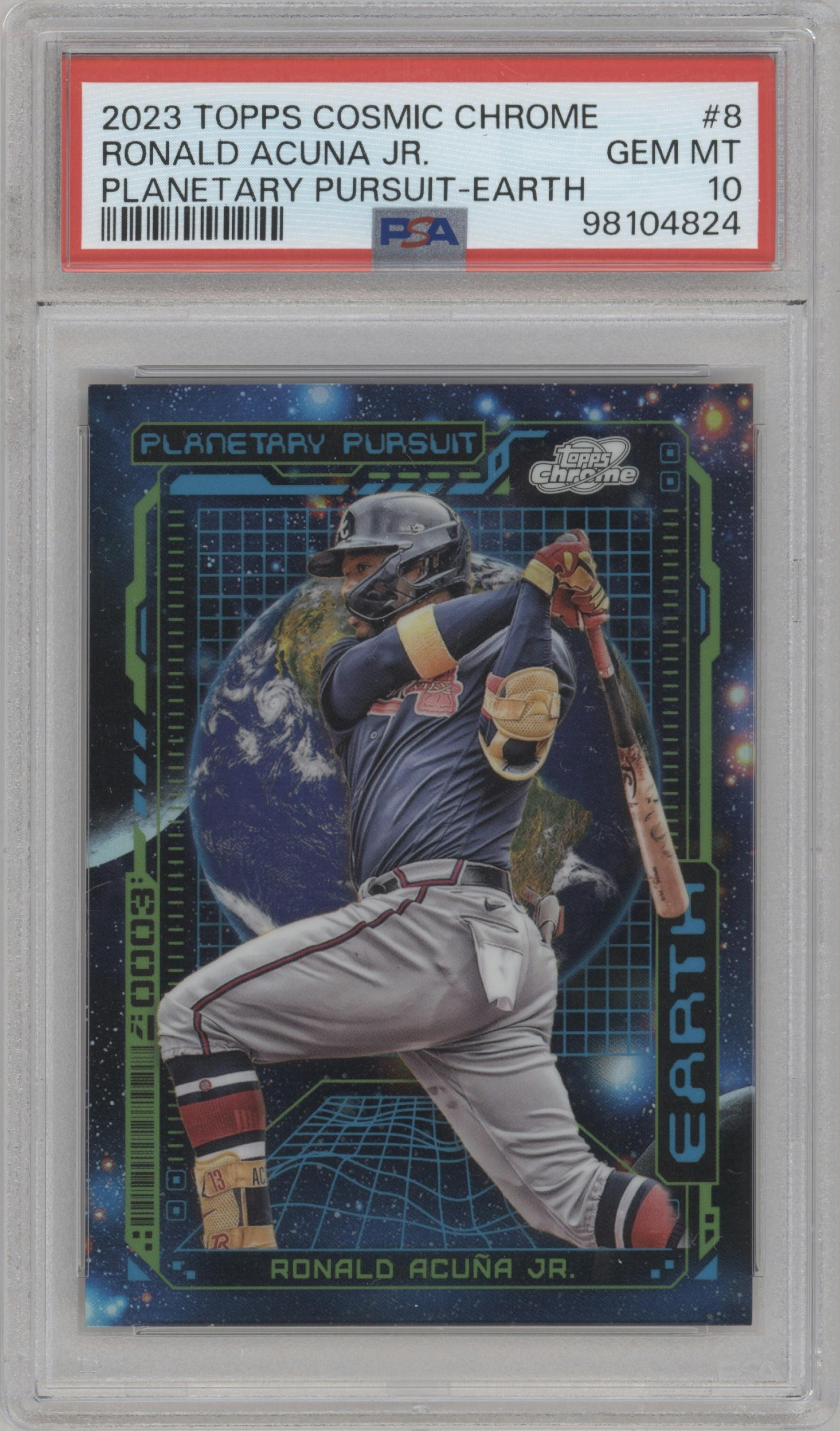 Ronald Acuna Jr. from the 2023 Topps Cosmic Chrome set graded by PSA and given an overall grade of 10.