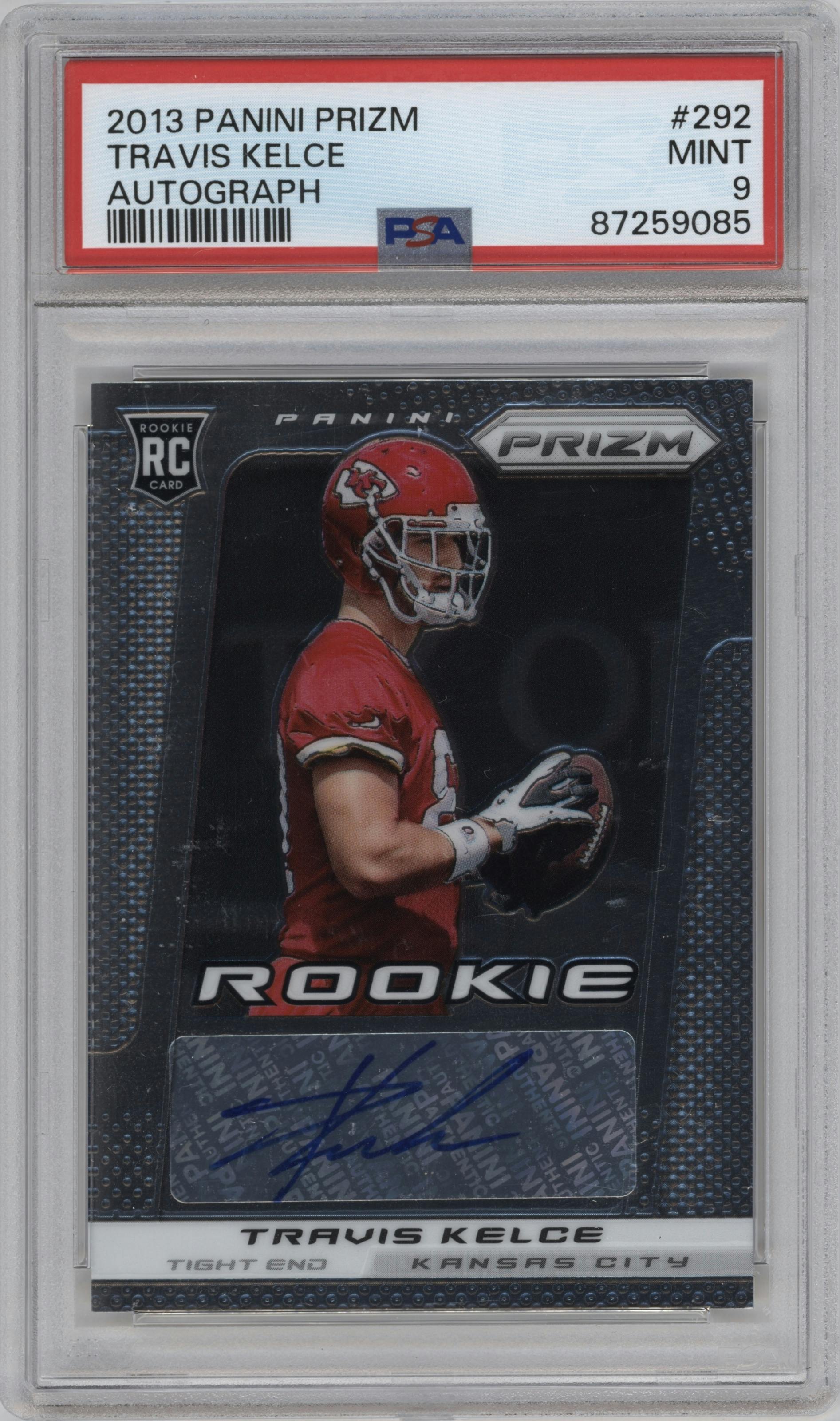 Travis Kelce from the 2013 Panini Prizm set graded by PSA and given an overall grade of 9.