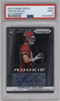 Travis Kelce from the 2013 Panini Prizm set graded by PSA and given an overall grade of 9.