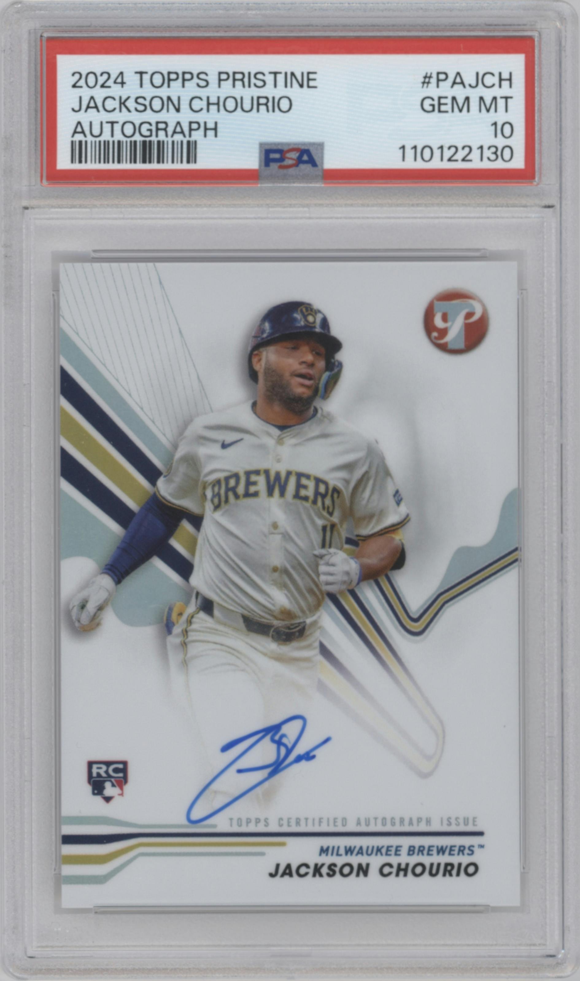 Jackson Chourio from the 2024 Topps Pristine set graded by PSA and given an overall grade of 10.
